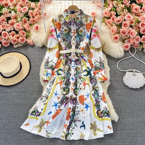 Amolapha 2021 Europe Court Style Pring New Womens Printed Long Sleeve Shirt Dress Single Breasted Sashes Detail Vestidos