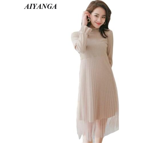 New 2019 Spring Womens Knitted Dress Patchwork Mesh Dresses high Waist Long Sleeve Elegant Ladies Medium Long Dress Apricot