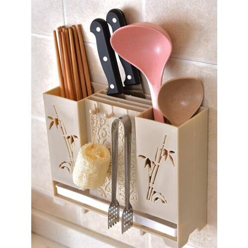 Zq Kitchen Knife Rack Integrated Wall Hanging Chopsticks Cage Draining Rack Household Kitchen Tableware Spoon Storage Box