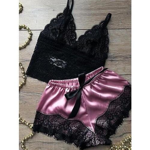 2021 Casual V Neck Spaghetti Strap Lace Bowknot Sexy Tank Crop Tops Summer Shorts set Women Lingerie Low Cut Mini Suit Sleepwear