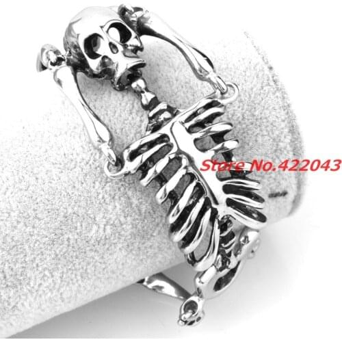 8.26" Rock Design Party Jewelry Silver color Tone Stainless Steel Cuff Mens Cool Bangle Bracelet Biker Skull Skeleton Style