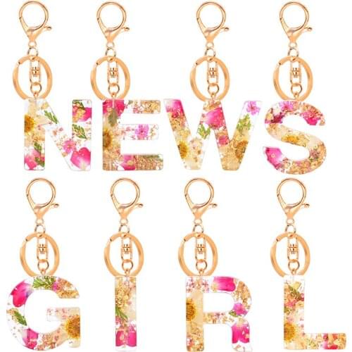 Dried Flower Letter Keychains Initial English Alphabet Keyring Resin Acrylic Glitter Pendant Key Chain Ring Charm Car Bag Gifts