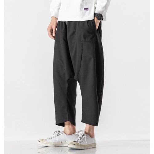 Mens Straight Harem Pants Drop Crotch Plain Trousers Elastic Waist Baggy New C8
