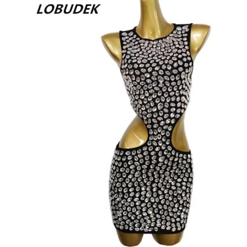 Black Big Rhinestones Hollow Sleeveless Bodycon Dress Sexy Women Birthday Prom Evening Party Crystals Outfit Singer Stage Wear