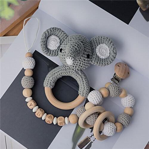 Baby Rattle Toys Pacifier Chain Clips Pendant Amigurumi Rodent Crochet Wood ring Gums Hand Bell Rattle Baby Goods DIY Crafts