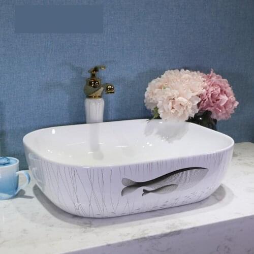 Europe style chinese washbasin sink Jingdezhen Art Counter Top ceramic bathroom sink oval ceramic sink fish pattern