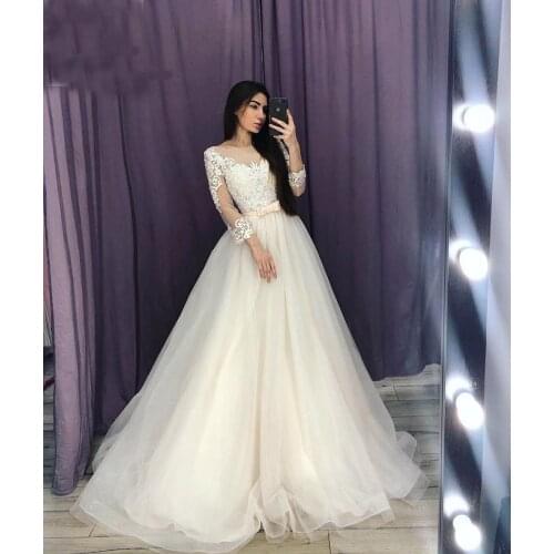 Tulle Lace Appliques Scoop Long Sleeves Wedding Dress Floor-Length A-line Wedding Dress Custom made Vestidos De Novia