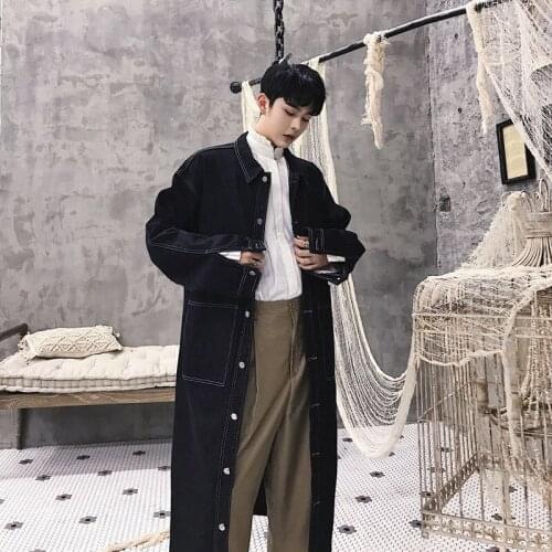 Ins Style Korean Extra Loose Large Size Single-breasted Lapel Long Denim Jacket Men And Women Drop Shoulder Windbreaker Coat