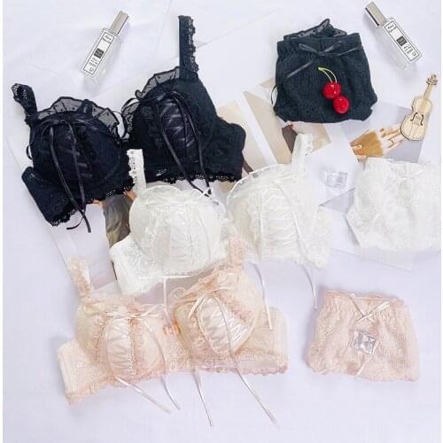 Lolita Lace cute sexy wirefree bra set girl underwear maid deep V langerie gathered ladies lingerie panties set large size bra