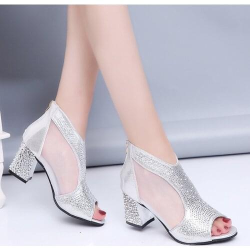 Lucyever 2019 Summer New Elegant Brand Mesh Sandals Crystal Peep Toe Sandals Woman Thick High Heels Breathable Ankle Boots