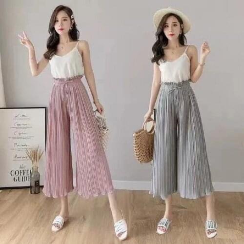 Fashion High Waist Loose Pleated Chiffon Wide-Leg Pants Spring New Womens Large Size Lightweight Breathable Flared Trousers