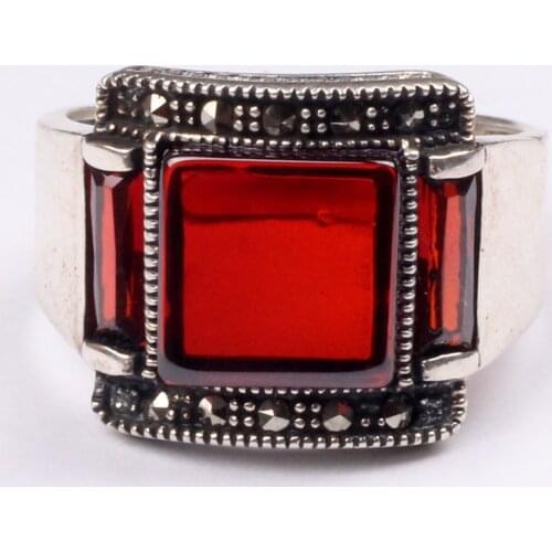 Man 925 Silver Square Red Zircon Handmade Ring, Red Zircon 925 Silver Ring for Man