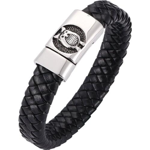 Men Black Leather Braided Bracelet Bangle Jewelry Owl Pattern Stainless Steel Magnetic Buckle Fashion Gift SP0267