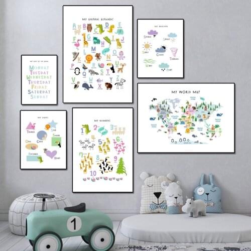 Animals Alphabet Weather Wall Art Canvas Painting Number Nordic Posters And Prints World Map Wall Pictures For Living Room Decor