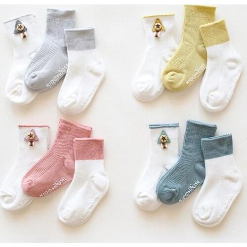 Spring Autumn Baby Socks 3 Pairs/set Cotton Anti-slip Floor Socks Infant Girls Boys Toddler Socks Cute Tree Decor Socks 0-36 M