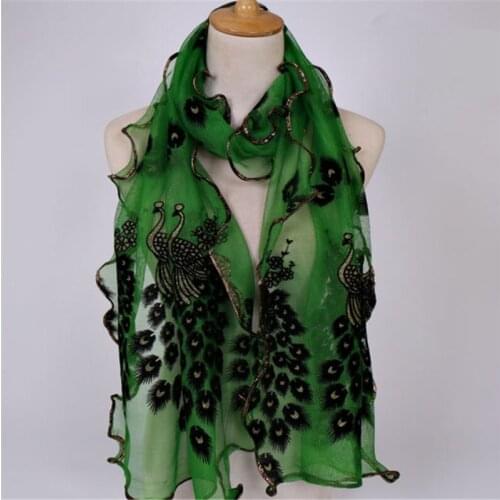 New Design Women Chiffon Peacock Feather Flower Embroidered Lace Stylish Scarf Long Soft Wrap Shawl Ladies Scarf