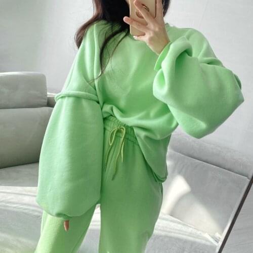 Solid Color Simple Suit Plush Velvet Round Collar Lantern Sleeve Loose Sweatshirt + Casual Sports Pants 2 Piece Set Women