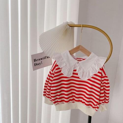 Autumn Girls Long Sleeve Lapel Collar Striped Print Casual Loose T-Shirt Tops ChildrenS Pullover Sweatshirt Kids Hoodies Tee