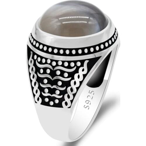Real 925 Sterling Silver Totem Mens Ring with Natural Agate Stone Male Rings Turkish Style Fine Jewelry Party Gift to Women Men