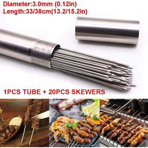 3mm Thick Barbecue Skewers Stainless Steel Non Stick BBQ Skewer 20pcs + Tube Reusable Metal Needle Sticks for Shish kabob Grill
