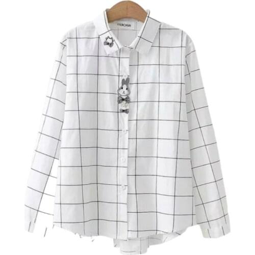 XUANHAO Womens Cartoon Cat Embroidery Plaid Blouses Girls Autumn Long Sleeve Turndown Collar Polka Dot Shirts Blusas Mujer