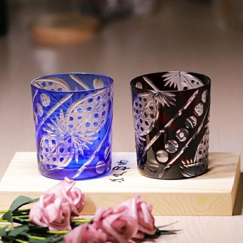 Japanese Kiriko Carved Whiskey Cup / Hand Cut to Blue Glass Wine Tumbler 2 Pieces Set