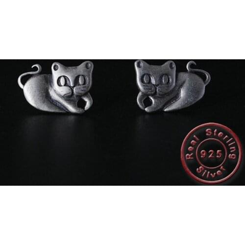 Amxiu Vintage Antique Silver Earrings 925 Sterling Silver Cat Earrings Small Stud Earrings For Women Girls Jewelry Accessories