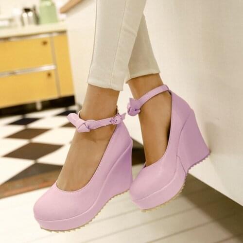 COOLULU New Fashion Women Wedges Pumps Ankle Strap Platform High Heel Shoes Ladies Pumps Bow Tie Casual Party Shoes Size 34-43