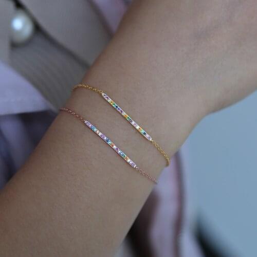 Hot sale Rainbow cz bar bracelet genuine 925 sterling silver colorful cubic zircon thin chain bracelet bangels for women jewelry