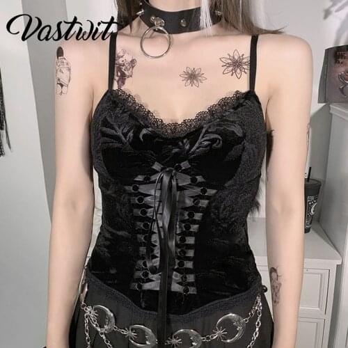 Gothic Dark PU Leather Crop Top Women Lace Up Punk Style Tank Top Velvet Bandage Camis Corset Tops