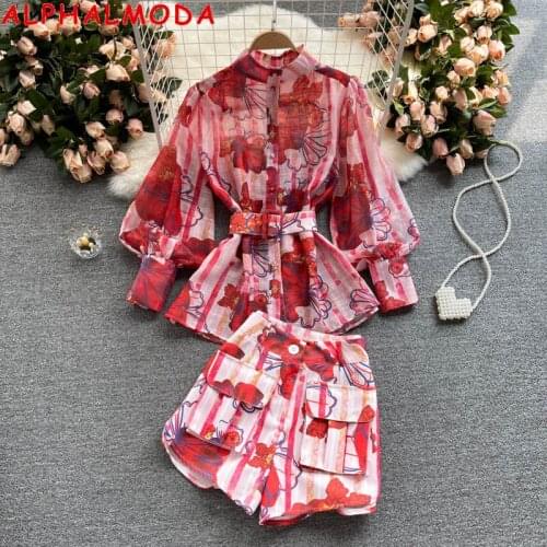 ALPHALMODA 2021 Summer Long-sleeved Printed Shirt + A-line Shorts Women Fashion 2pcs Suit Belted Loose Shirt Shorts Vintage Set