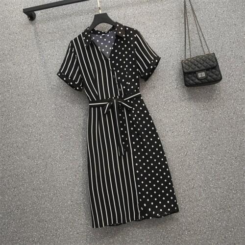 Plus size office ladies Summer midi dresses for women polka patchwork striped shirt dresses 5XL turn down collar high waist robe