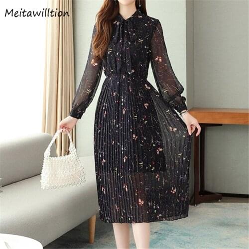 New Floral Print Pleated Dress 2021 Spring Autumn Women Long Sleeve High Waist Dress Elegant Midi Chiffon Dresses