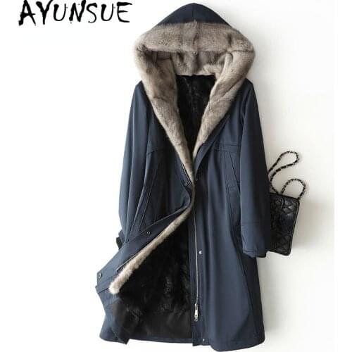 AYUNSUE Elegant Real Mink Fur Liner Parkas Women Autumn Winter 2021 Hooded Long Fur Coat Female Warm Jacket Manteau Femme Gxy489