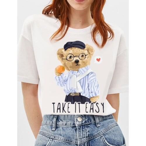 BLINGPAW Cute Teddy Bear Take It Easy Letter Print T-shirt White Cotton Unisex Tees Summer Custom Tee Shirts Graphic T Shirts