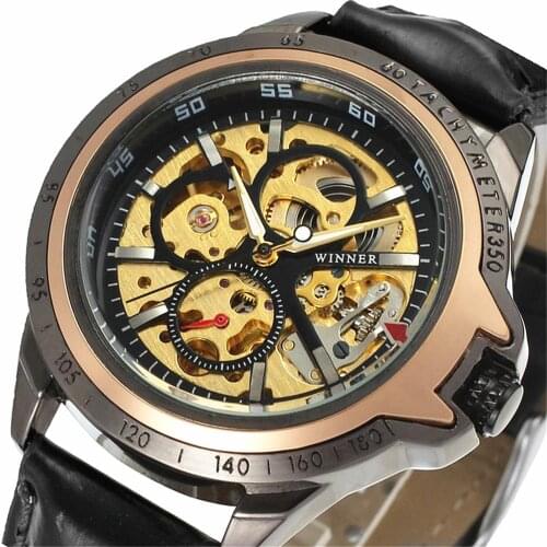New Winner Watch Fashion Men Hollow Skeleton Outdoor Clock Leather Famous Design Army Mechanical Automatic Self Wind Wrist Watch