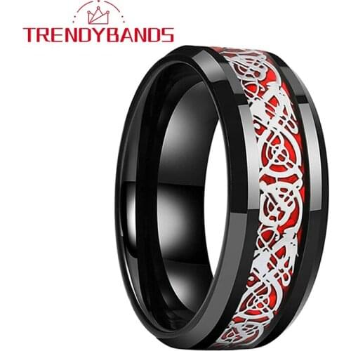 Black Tungsten Carbide Rings Red Opal Dragon Inlay Wedding Bands 8MM Polished Shiny Comfort Fit