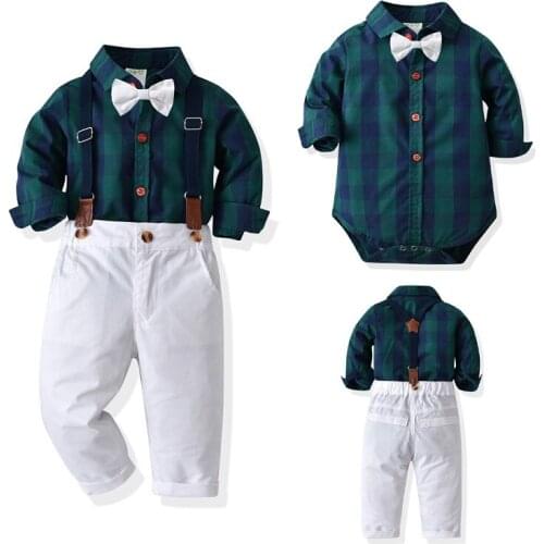 Childrens Plaid gentleman suit baby long sleeve shirt suspender pants four piece newborn climbing suit baby birthday dress