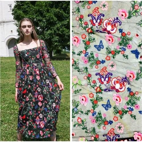 LASUI X0533 1 yard=1 piece DIY Skirt dress for Sewing Top grade Bright-colored Butterfly flower embroidered mesh lace fabrics