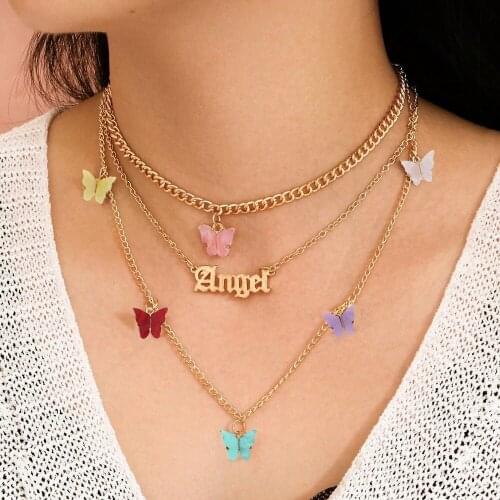 Layered Necklace Statement Candy Color Acrylic Butterfly choker Letter Alphabet Angel Pendant Necklace Jewelry Gifts For Women