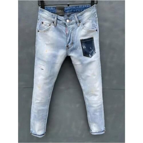 New Mens Skinny Jeans With Ripped Holes And elastic Paint Spray Blue Stitching Beggar Pants 030