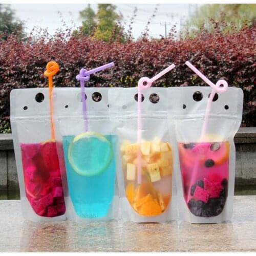 100pcs Clear Drink Pouches Bags frosted Zipper Stand-up Plastic Drinking Bag with straw with holder Reclosable Heat-Proof 500ml