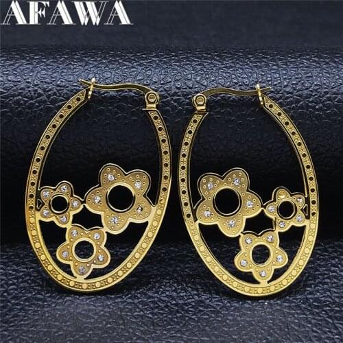2021 Oval Flower Stainless Steel Crystal Earrings Hoop Gold Color Circle Earrings Round Jewelry pendientes dorados EXS01