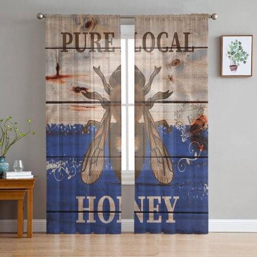Bee Retro Wood Grain Blue Window Treatment Tulle Modern Sheer Curtains for Kitchen Living Room the Bedroom Curtains Decoration