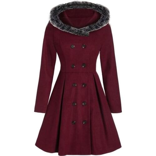 Vintage Double Breasted Fur Hooded Long Coat Women Fashion Solid Color Winter Warm Jacket Female 2020 Christmas Cloak Plus Size