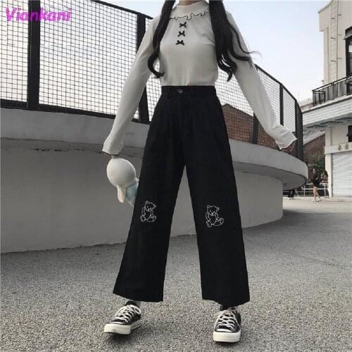 Japanese Kawaii Teen Girls Loose Embroidery Casual Pants Harajuku Sweet Cute Sweatpants Female 2021 New Black Cartoon Trousers