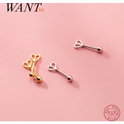 WANTME 925 Sterling Silver Simple Charm Love Heart Spiral Bead Stud Earrings for Women Fashion Body Piercing Jewelry Accessories