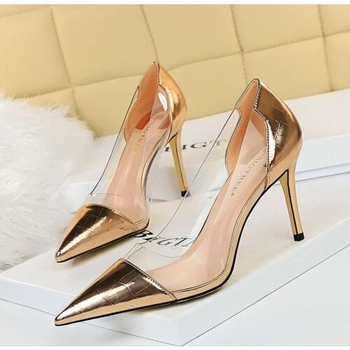 2021 Women 8.5cm High Heels Wedding Bridal Tacons Pointed Toe Golden Black Pumps Lady Heels Scarpins Stripper Transparent Shoes