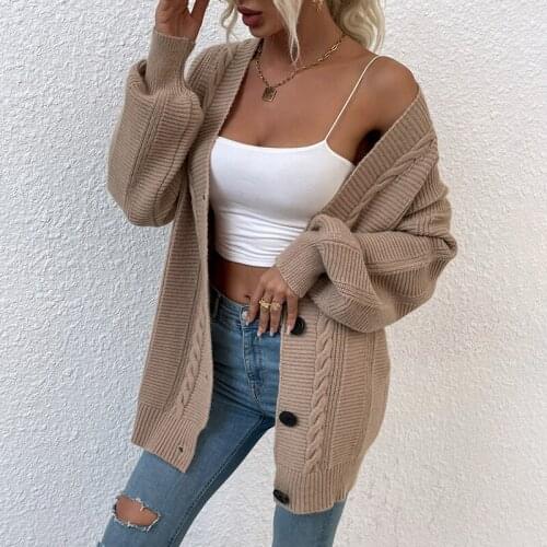 Casual V-neck Knitted Cardigan Women Autumn Winter Lantern Sleeve Button Female Cardigan Sweater Fashion Ladies Coats