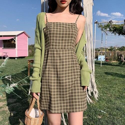Dress Only] Spring 2021 Korean new foreign style versatile avocado fruit green retro plaid dress short women plaid dress LN90